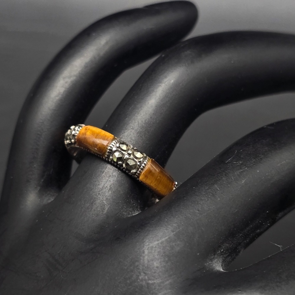 Sterling Silver Tiger's Eye Ring Marcasite Size 7 A925